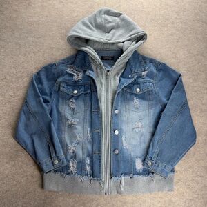 Thrill Jeans Distressed Ripped Jean Jacket Built In Hoodie Barn Chore Cotton XL